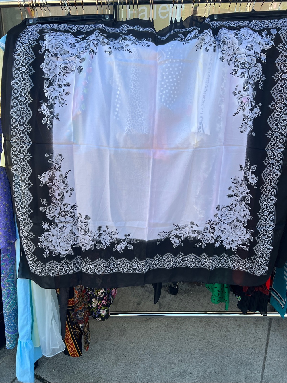 Vintage Black & White Floral Border Scarf